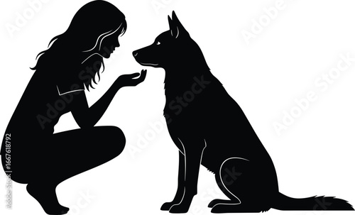 Silhouette of person training dog, kneeling pose, pet interaction, black contour, communication moment, obedience gesture, bonding scene, animal behavior