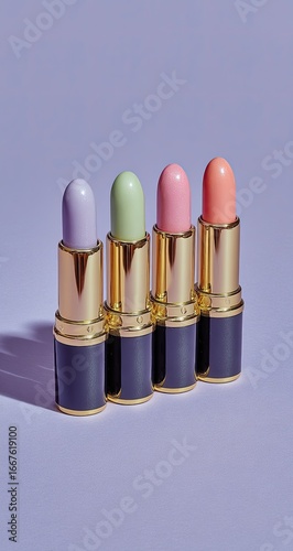 Four pastel-colored makeup sticks in gold and black packaging, arranged in a row against a muted lavender background.  Soft shadows highlight the products
