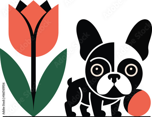 Black and white french bulldog with coral tulip and ball vector