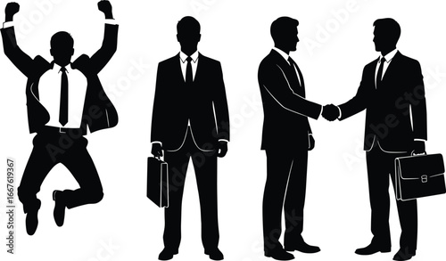 Silhouettes of businessmen in suits, handshake agreement, briefcase pose, jumping celebration, professional gesture, corporate attire, black contour, business action