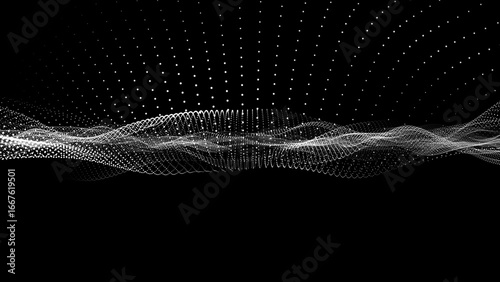 The halftone texture is monochrome. abstract background with flowing particles. Digital future technology concept.