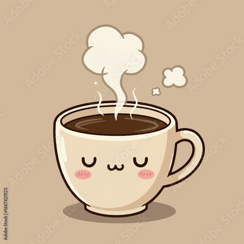 A charming cartoon sleepy coffee cup, with wisps of steam gently rising, is playfully depicted in a vibrant vector illustration, evoking a cozy and humorous morning.