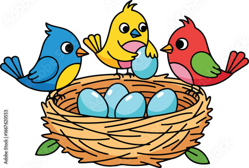 Blue yellow red birds with eggs in nest vector