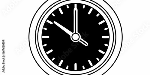Illustration of a classic round clock with hands showing the time in a black and white design