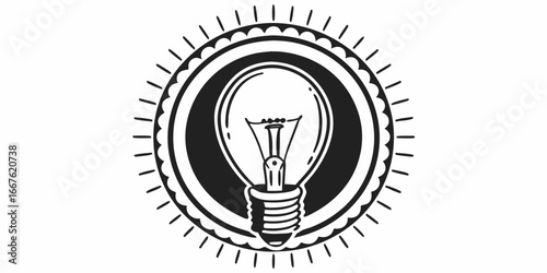 Illustration of a light bulb inside a circular frame with radiating lines around the perimeter design