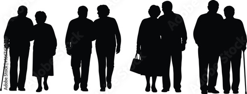 Silhouettes of elderly people walking, cane, handbag, arm in arm, companionship, mobility aid, senior figures, black, white, gesture