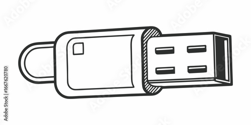 Illustration of a simple usb flash drive with a loop and rectangular body in black and white style