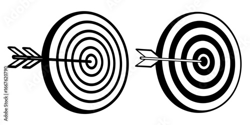 Two targets with arrows hitting the bullseye in black and white illustration style graphic design