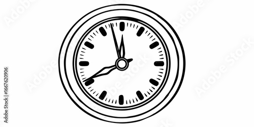 Illustration of a clock with a white face and black hands showing almost twelve o'clock time piece