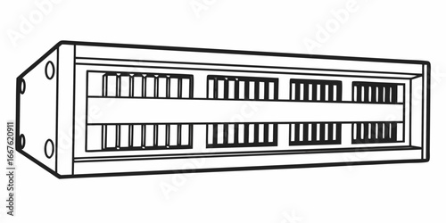 Detailed line drawing of a rectangular electrical panel with multiple circuit breakers shown