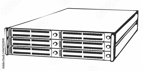Illustration of three stacked server units with ventilation slots in a simple black and white style