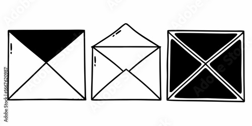 Three hand drawn envelopes showcasing different styles and designs in black and white color palette