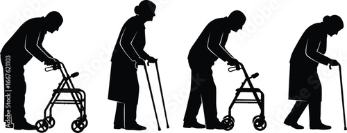 Silhouettes of elderly people, mobility aids, walkers and canes, side profile, walking support, black contour, aging, balance, assistance, health