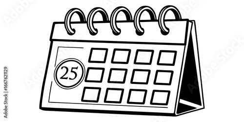 Illustration of a desk calendar with the date marked as the twenty fifth day of the month shown in black and white