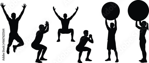 Silhouettes of fitness exercises, jumping pose, squatting motion, exercise ball lift, workout routine, black contour, physical activity, gym training