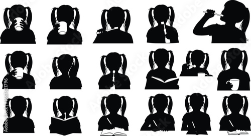 Silhouettes of girl with pigtails, daily routine, brushing teeth, drinking, reading, eating, black figure, white background, activity sequence