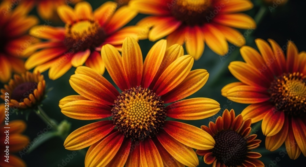 Fototapeta premium Close-up of vibrant orange-red flowers. Clusters of sunflowers in various stages of bloom, with a deep dark background. Bright orange and deep red petals, central disc