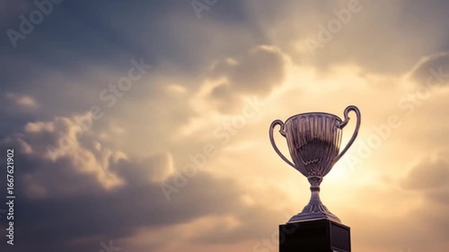 A gleaming trophy stands against a dramatic sky, symbolizing victory and achievement, with rays of sunlight breaking through the clouds, evoking inspiration and celebration