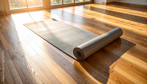 Yoga Mat Unrolled on Hardwood Floor in Sunny Room