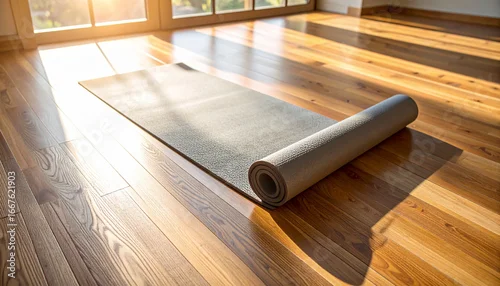 Fototapeta na wymiar Yoga Mat Unrolled on Hardwood Floor in Sunny Room