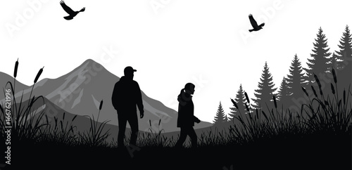 Silhouettes of hikers in nature, mountain landscape, pine forest, tall grass, birds flying, outdoor adventure, black contour, scenic wilderness