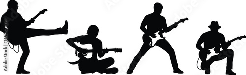 Silhouettes of guitar players in energetic poses, performing with electric guitars, music expression, stage action, rock rhythm, creative vibe
