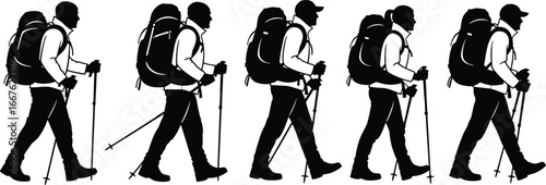 Silhouettes of hikers walking, trekking poles, outdoor gear, backpacks, nature exploration, mountain trail, physical fitness, adventure, hiking group, hats