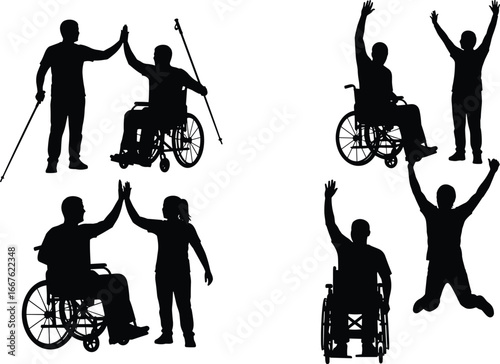 Silhouettes of inclusive interaction, wheelchair users, standing individuals, walking aids, high-five gesture, celebration, disability support, diversity, accessibility, unity