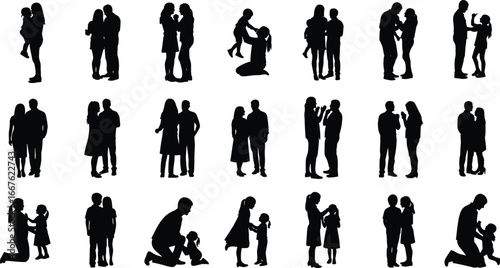 Silhouettes of people in pairs, family interaction, adult and child, hugging, talking, playing, emotional connection, relationship poses, black contour