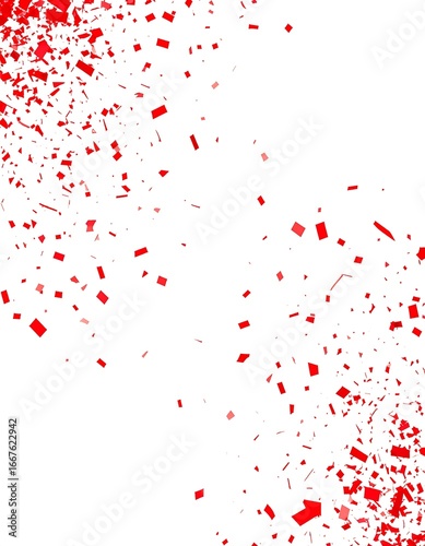 Red confetti falling, white background, studio