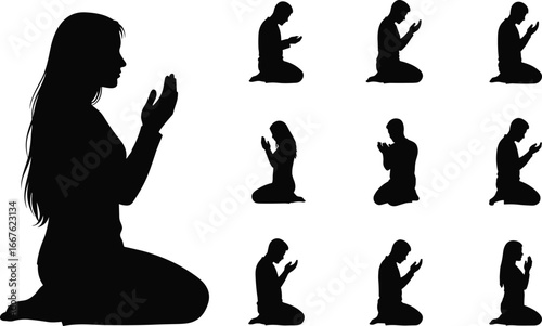 Silhouettes of people praying, kneeling figures, raised hands, devotion posture, meditation pose, spiritual act, grid layout, black contour, worship
