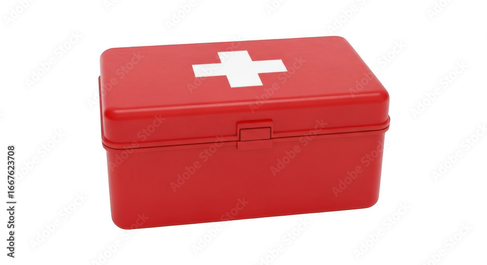 Fototapeta premium A Bright Red First Aid Kit Box with a White Cross Symbol on Top Ready for Emergencies and Medical Supplies