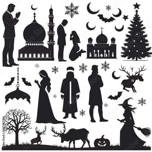 A silhouette vector illustration of a loving couple traveling to Paris