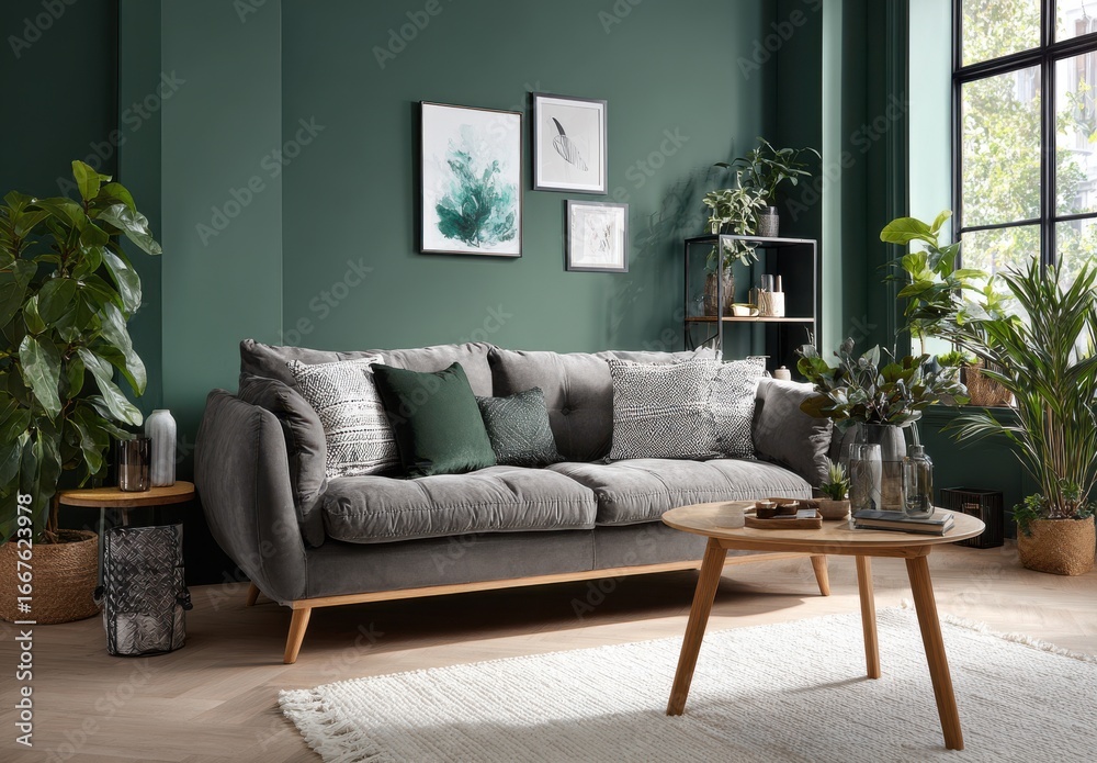 Fototapeta premium Gray Sofa in Modern Living Room with Dark Green Walls and Lush Greenery