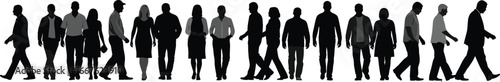 Silhouettes of people walking, various poses, black and gray, human gait, motion, urban lifestyle, diversity, direction, stride, movement