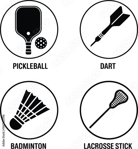 Sports Icons Pickleball Dart Badminton Lacrosse Stick item vector illustration