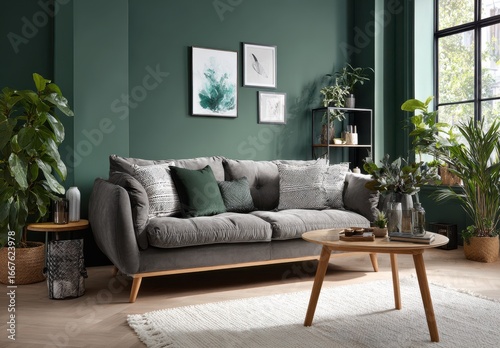 Gray Sofa in Modern Living Room with Dark Green Walls and Lush Greenery