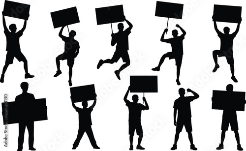 Group of active protestors jumping, holding blank signs, activism energy, political demonstration, freedom of speech, youth rally, silhouette protest, public movement, social change.