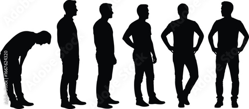Silhouettes of person in various postures, body stance, ergonomic study, physical health, standing positions, gesture analysis, human form