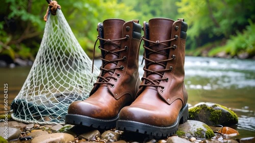 Brown leather hiking boots outdoors