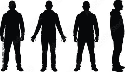 Silhouettes of person in hoodie, standing poses, side profile, relaxed arms, casual clothing, posture study, black figure, design reference
