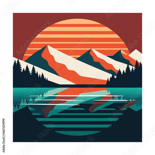 Stylized Mountain Scene with Striped Sun and Reflection