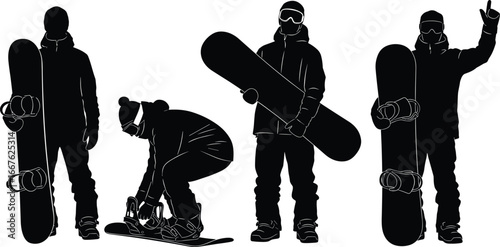 Silhouettes of snowboarders in winter gear, standing, crouching, adjusting bindings, holding snowboard, pointing gesture, snow sport, black contour, mountain pose