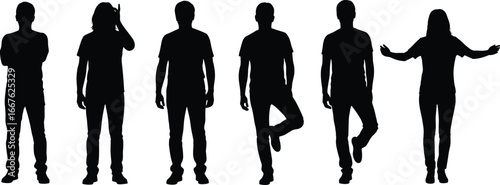 Silhouettes of six people in various expressive poses, standing, gesturing, balancing, illustrating body movement, posture, emotion, and individuality