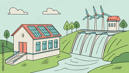 Sustainable energy illustration: idyllic cartoon landscape featuring a solar-powered house, hydroelectric dam, wind turbines, and flowing river; clean, bright, hopeful aesthetic.