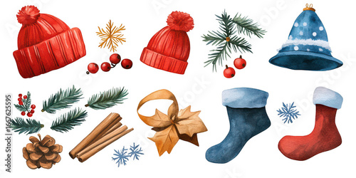 Watercolor Christmas Elements Including Hats Socks and Pine Cones holiday winter isolated on a transparent background