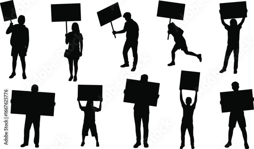 Group of people protesting, holding blank signs, demonstration concept, activism, social movement, public rally, protestors silhouette, political activism, freedom expression, community action