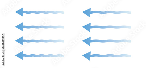 Air flow. Set of blue arrows showing direction of air movement. Wind direction arrows. Blue cold fresh stream from the conditioner. Vector illustration isolated on white background. EPS 10