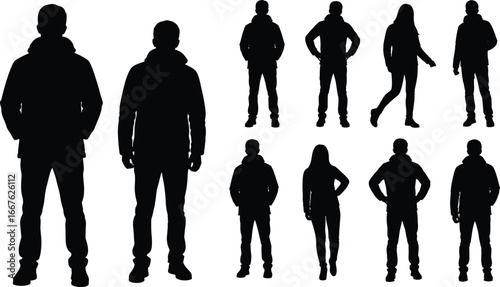Silhouettes of ten people, casual clothing, standing poses, black contour, human posture, body language, artistic design, walking, relaxed stance