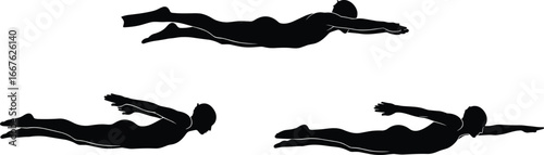 Silhouettes of swimmers, swimming techniques, freestyle stroke, arm positions, aquatic motion, swim training, athletic form, water sport, swimmer posture, streamlined